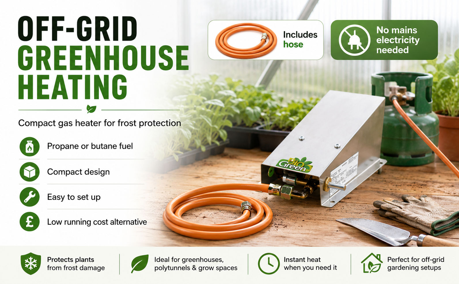 Bio Green Frost Buster Greenhouse Gas Heater 340W – Off-Grid