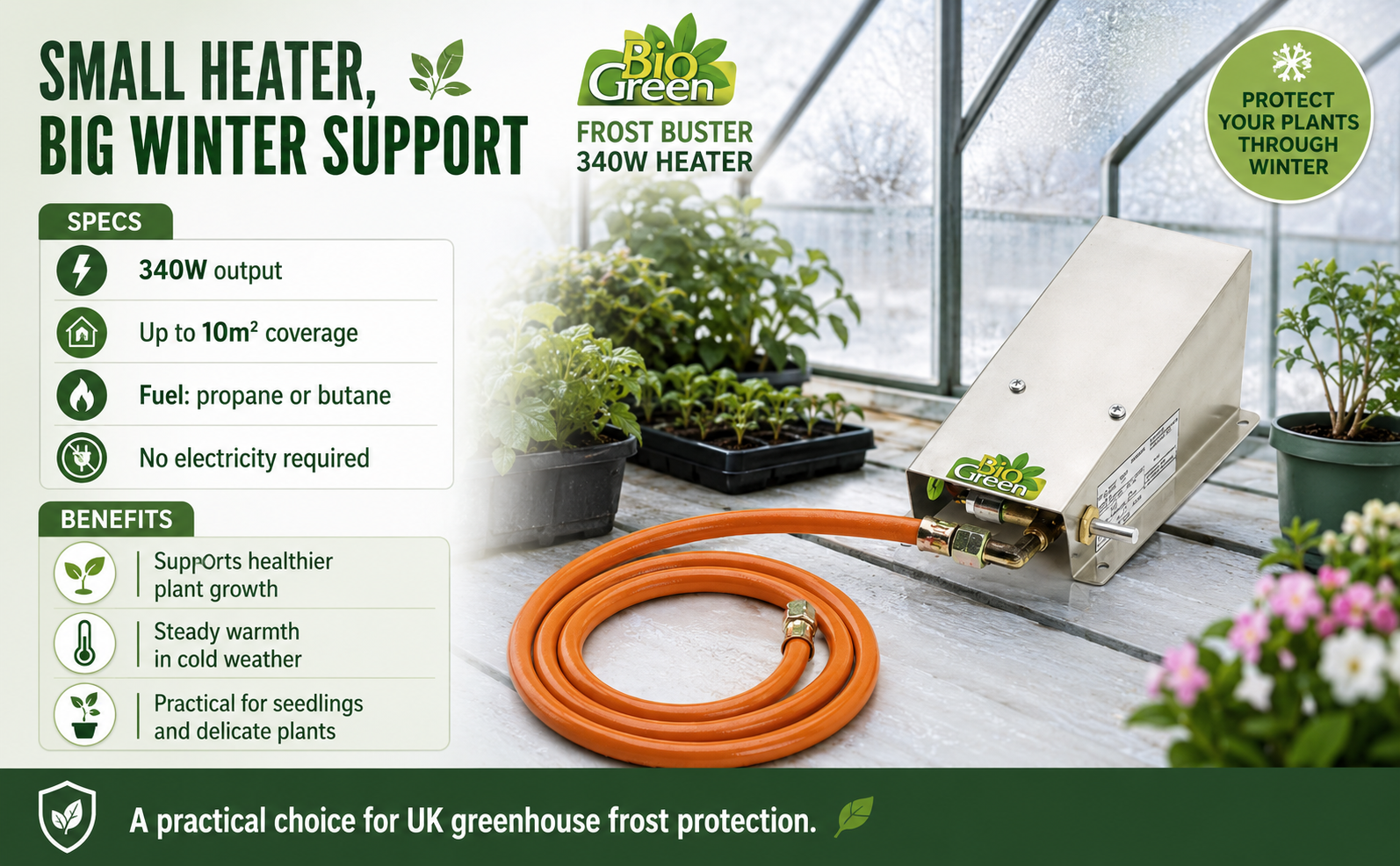 Bio Green Frost Buster Greenhouse Gas Heater 340W – Off-Grid