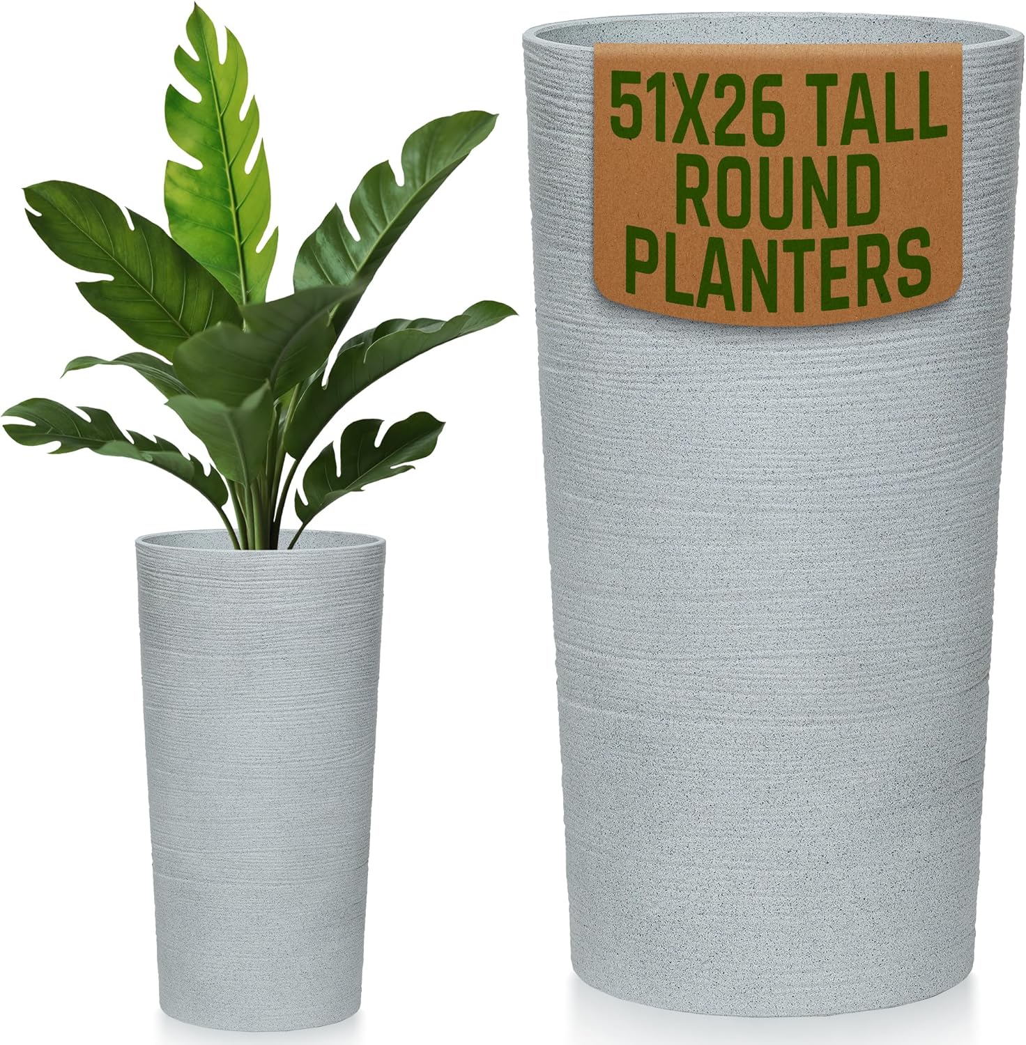 Moorgreen Blackrock tall round planter grey ribbed design 51x26cm with indoor plant display