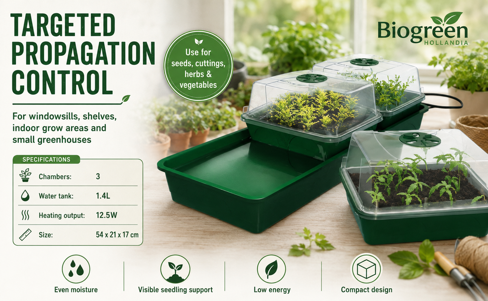 Biogreen Hollandia Heated Propagator 1.4L Tank – 3 Chambers
