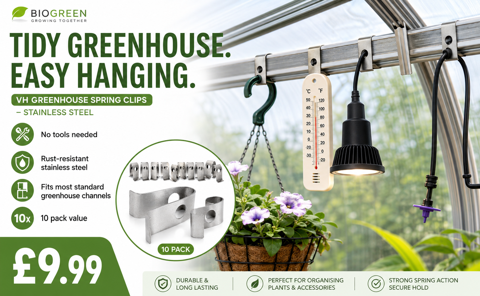 Biogreen VH Greenhouse Spring Clips – Stainless Steel
