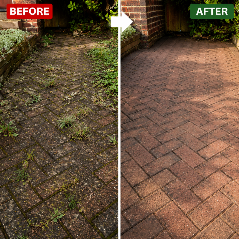 Before and after patio showing weeds between paving blocks before treatment and a clear paved surface after weed control