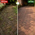 Before and after patio showing weeds between paving blocks before treatment and a clear paved surface after weed control