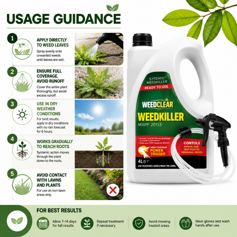 WeedClear 7.2 weedkiller usage guidance showing how to spray weeds safely on patios, paths and other non-lawn areas