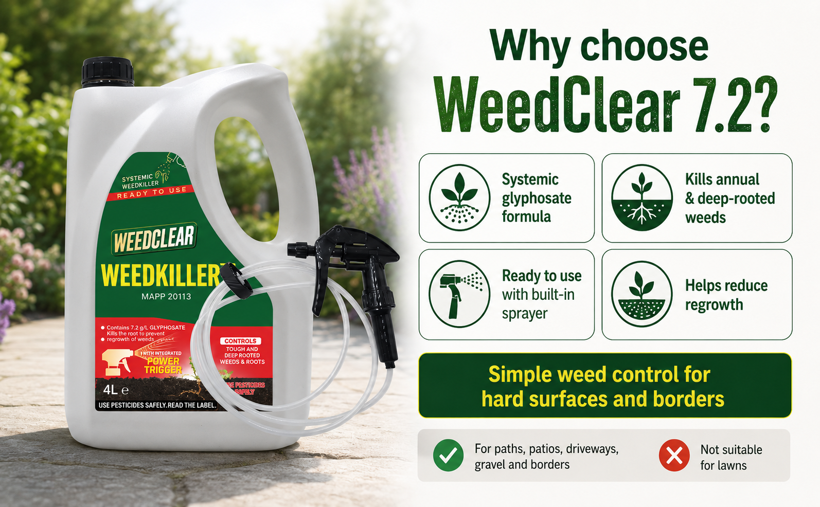 WeedClear 7.2 Ready to Use Weedkiller 4L with Power Sprayer