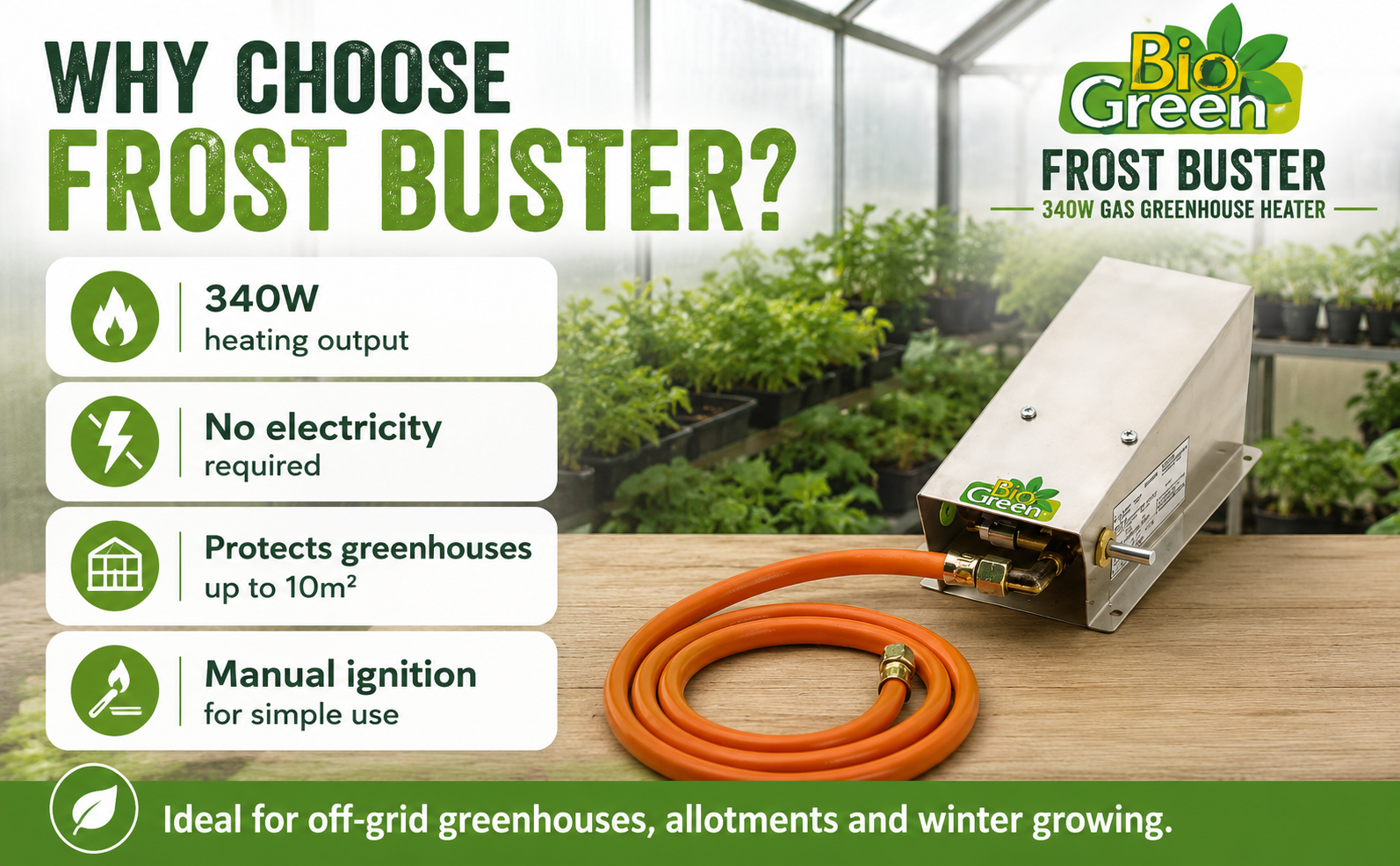 Bio Green Frost Buster Greenhouse Gas Heater 340W – Off-Grid
