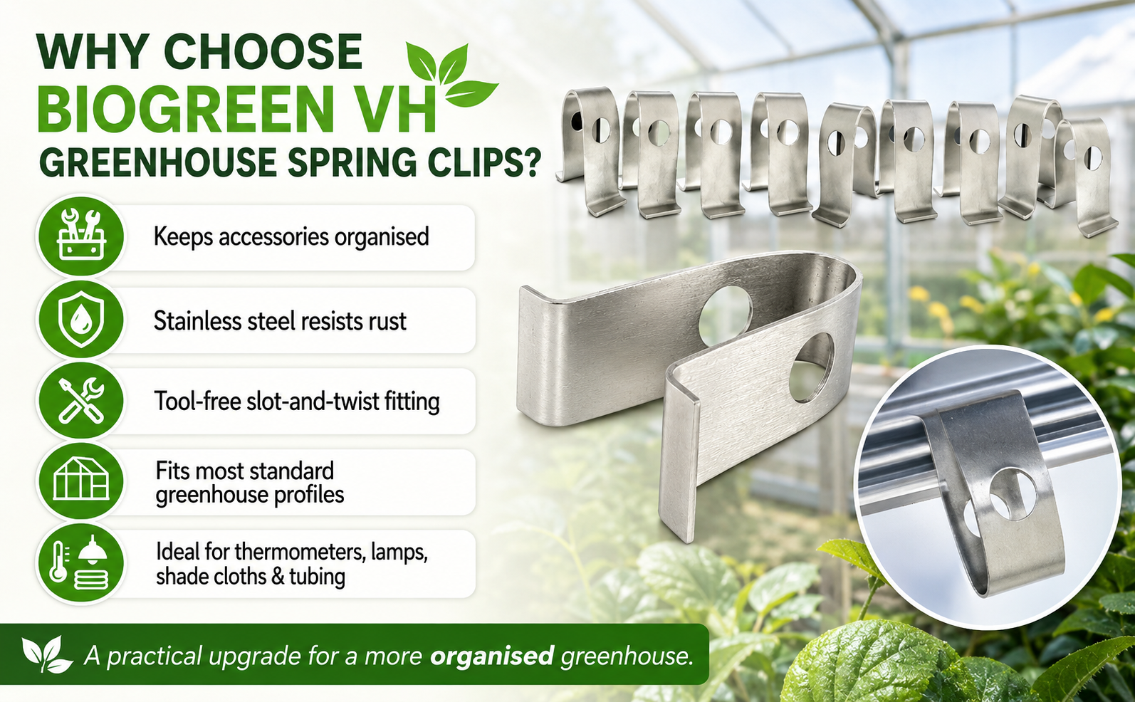 Biogreen VH Greenhouse Spring Clips – Stainless Steel
